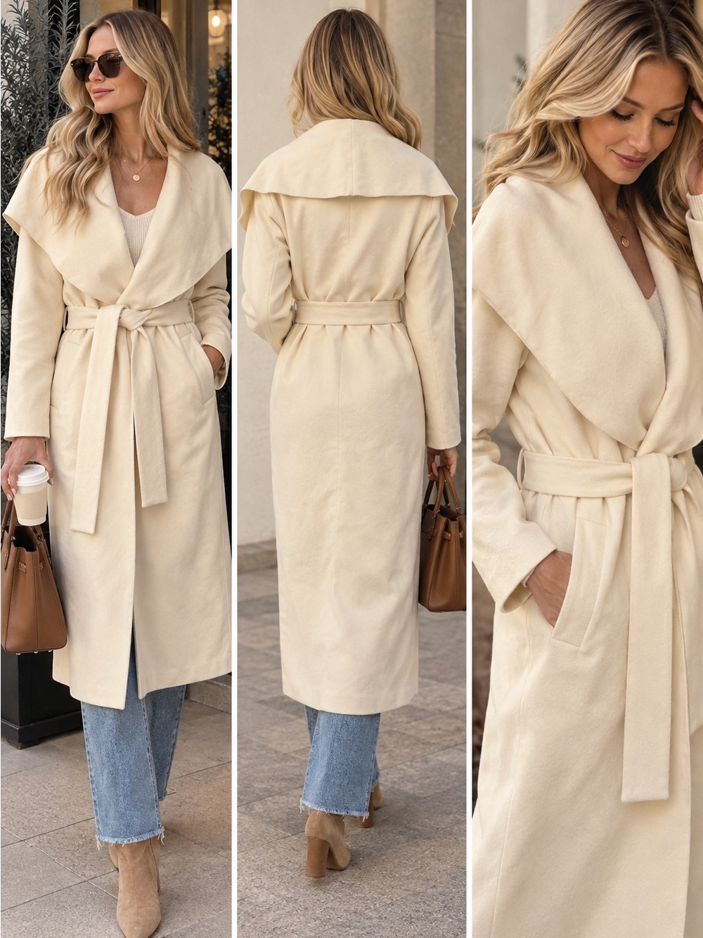 Cream Draped Collar Belted Midi Coat – Size Medium